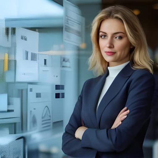 Female CEO reviewing analytics sketches beside a glass wall covered with dashboard notes