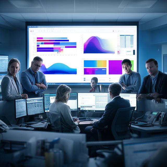 Hospital command centre with a predictive dashboard, colour coded risk bands, and a focused management team