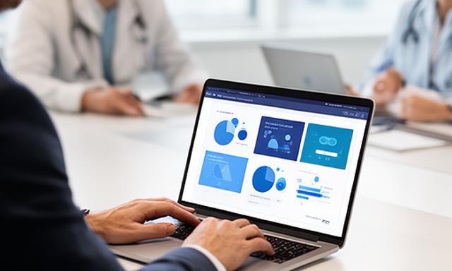Healthcare analytics consultant presenting a demo dashboard on a laptop in a modern meeting room