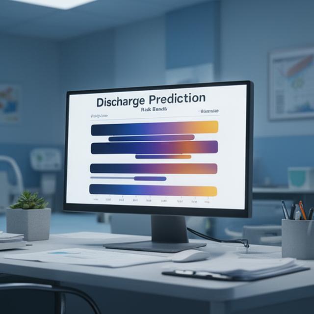 Discharge prediction panel in a hospital office with coloured risk bands and timeline cards