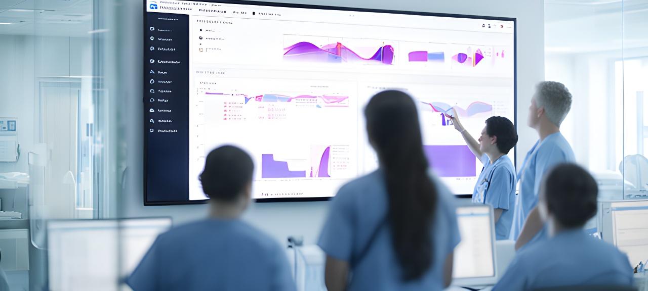 NHS operations team reviewing a predictive admissions dashboard on a large screen in a bright hospital command room