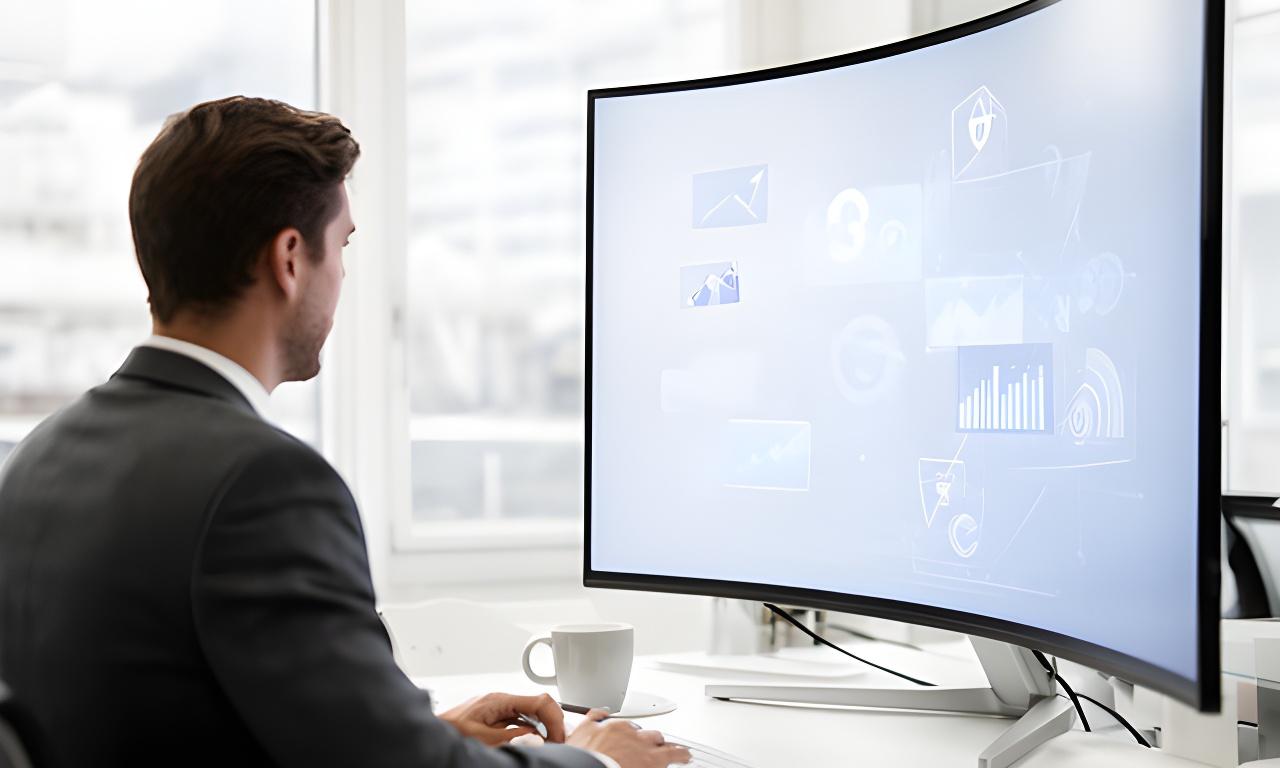Business analyst reviewing a privacy dashboard on a large curved display in a bright London office