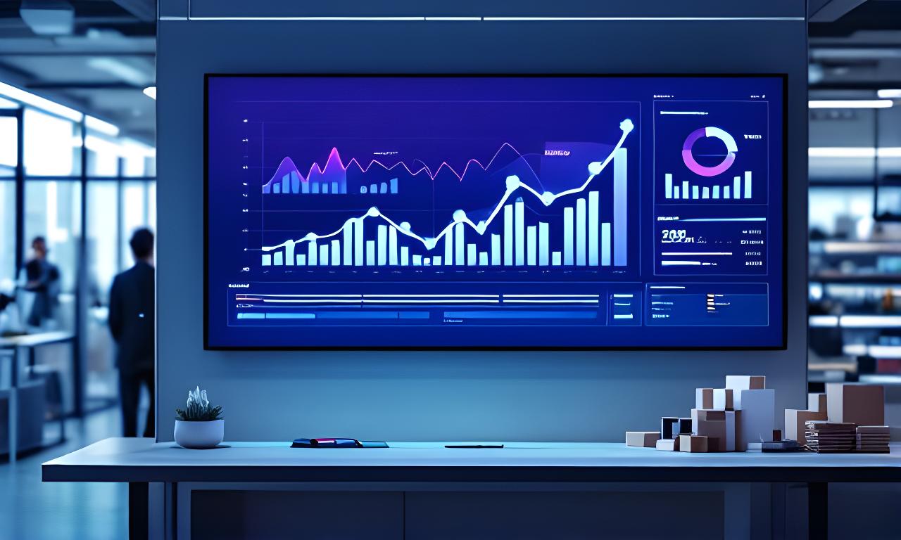 Retail analytics dashboard on a large screen inside a modern store operations room with live sales charts and stock alerts