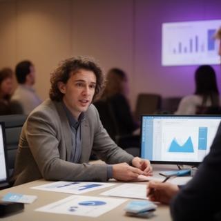 Head of client solutions speaking with a client across a conference table beside analytics mock-ups